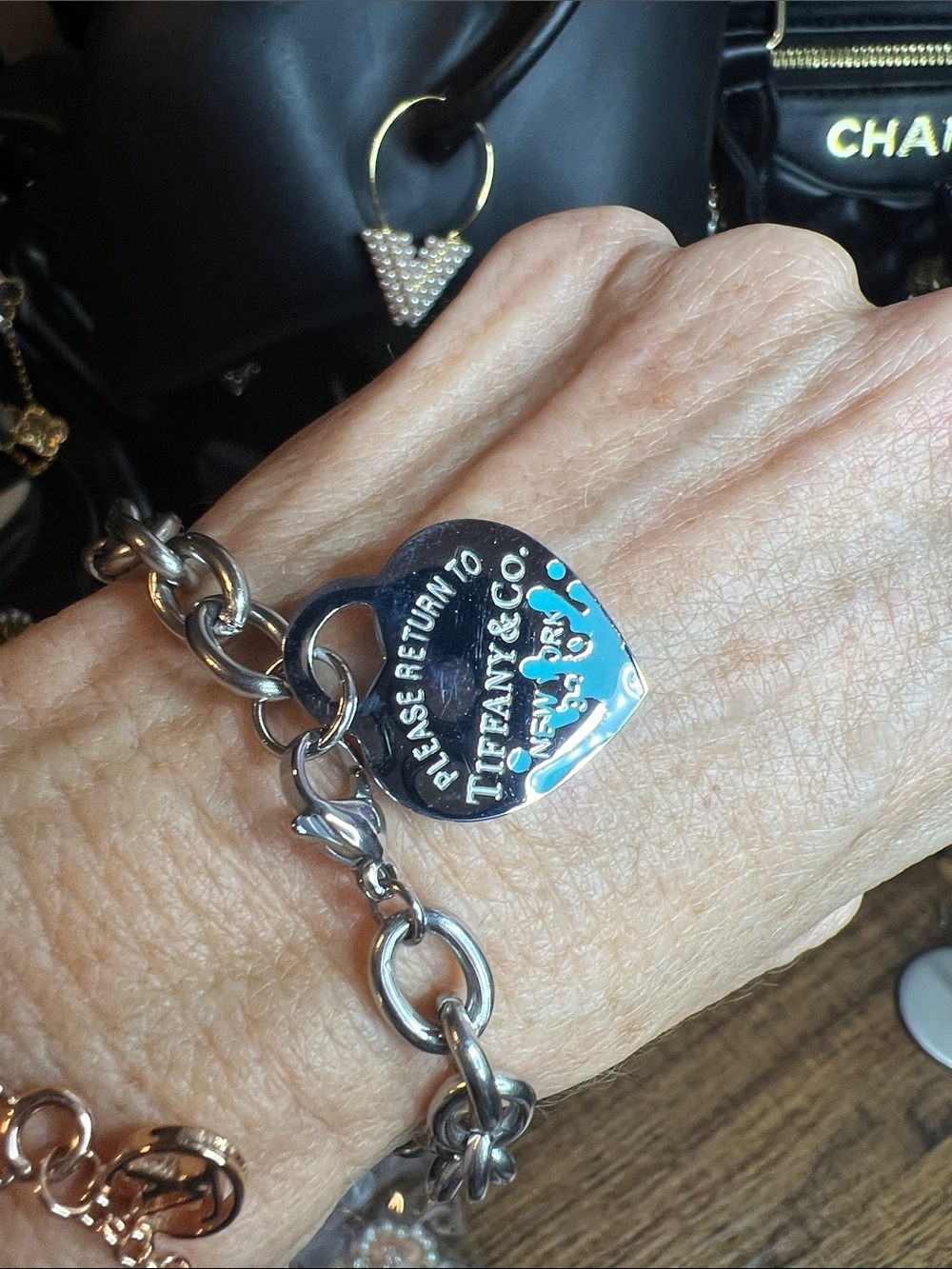 Stainless Steel Silver Heart Tag Bracelet with Blue Enamel Accents